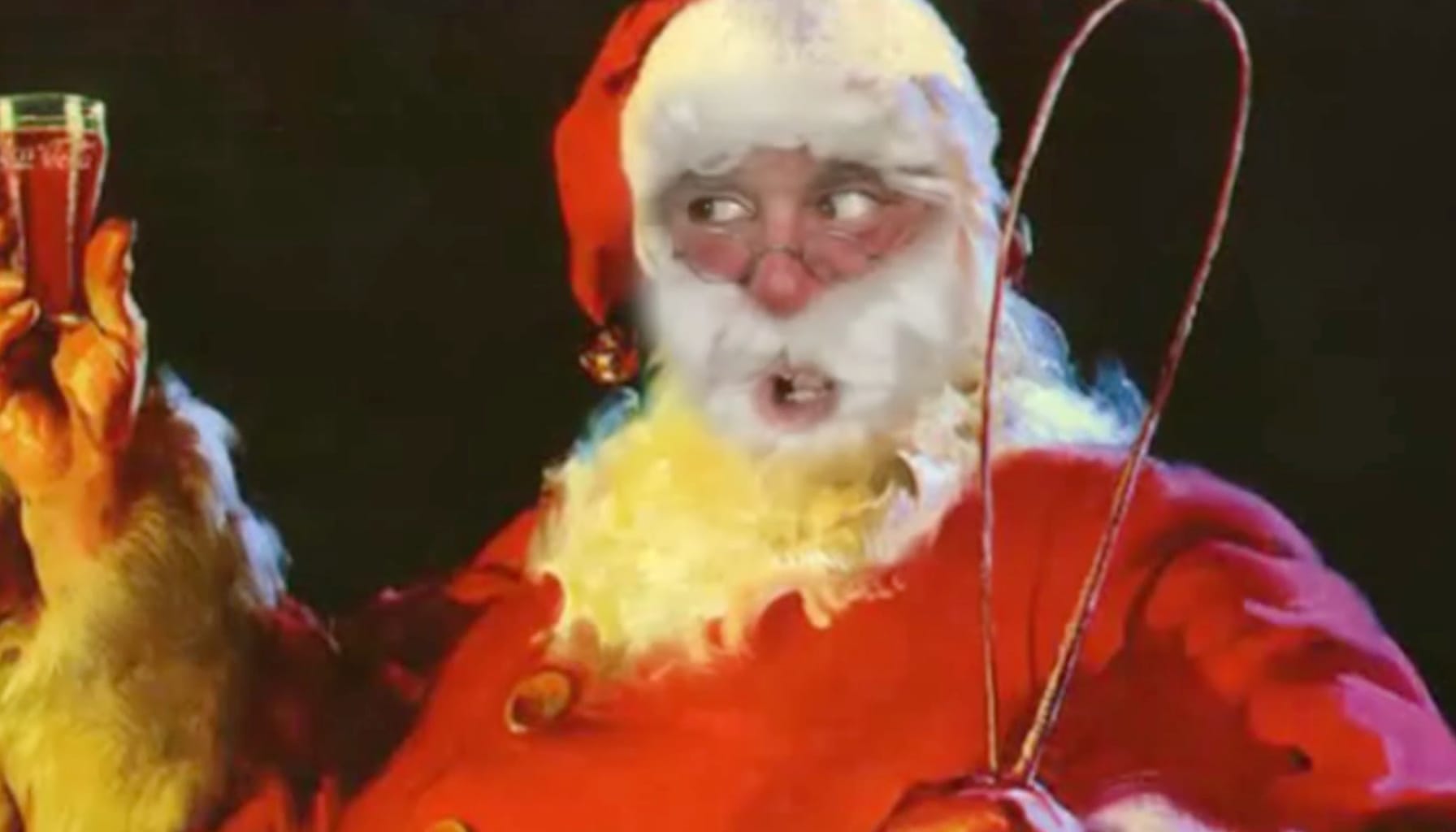 A lumpen Santa holding a Coke and a riding crop